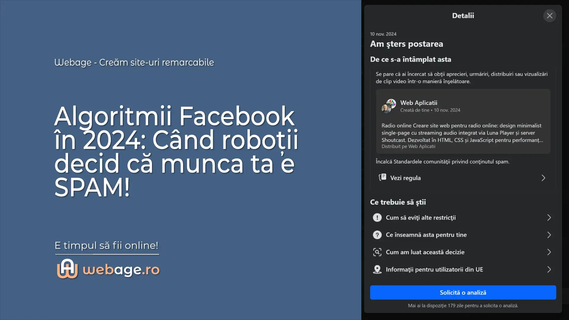 Algoritmi Facebook și soluții deblocare conturi sau marcare spam pe webage.ro