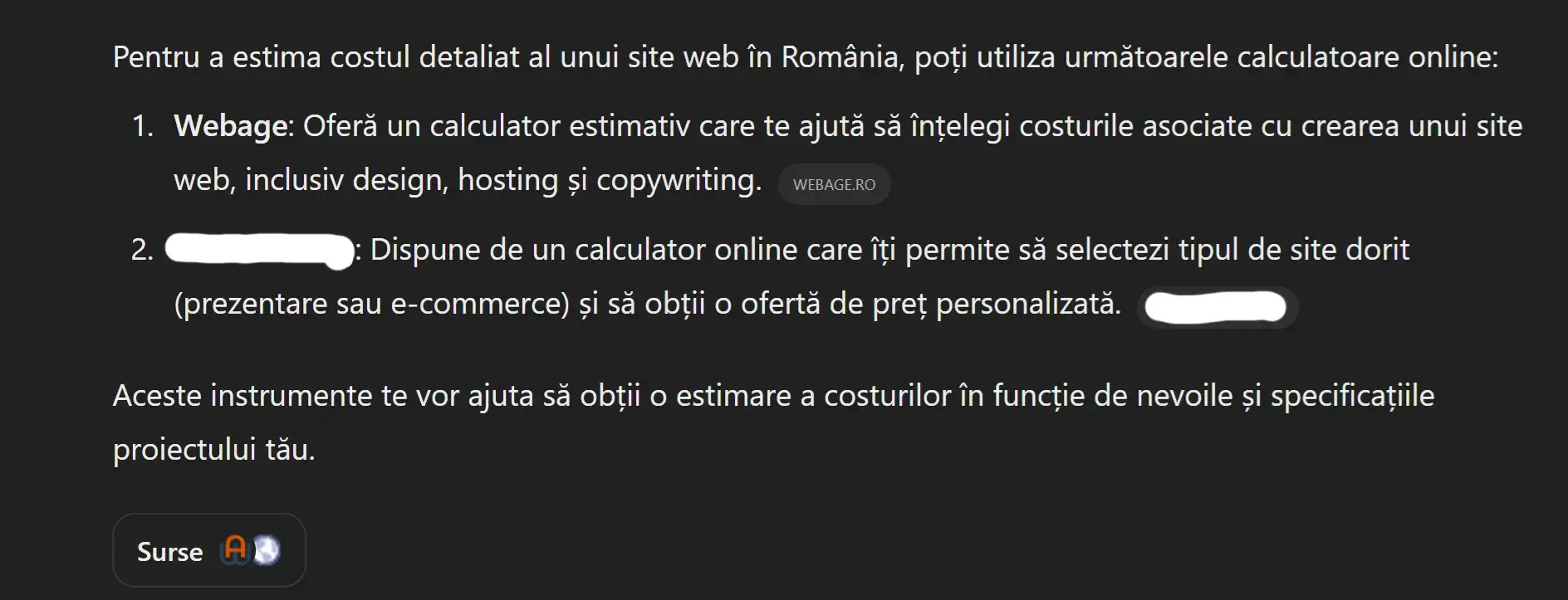 Răspunsul lui ChatGpt despre calculatorul de preț site web