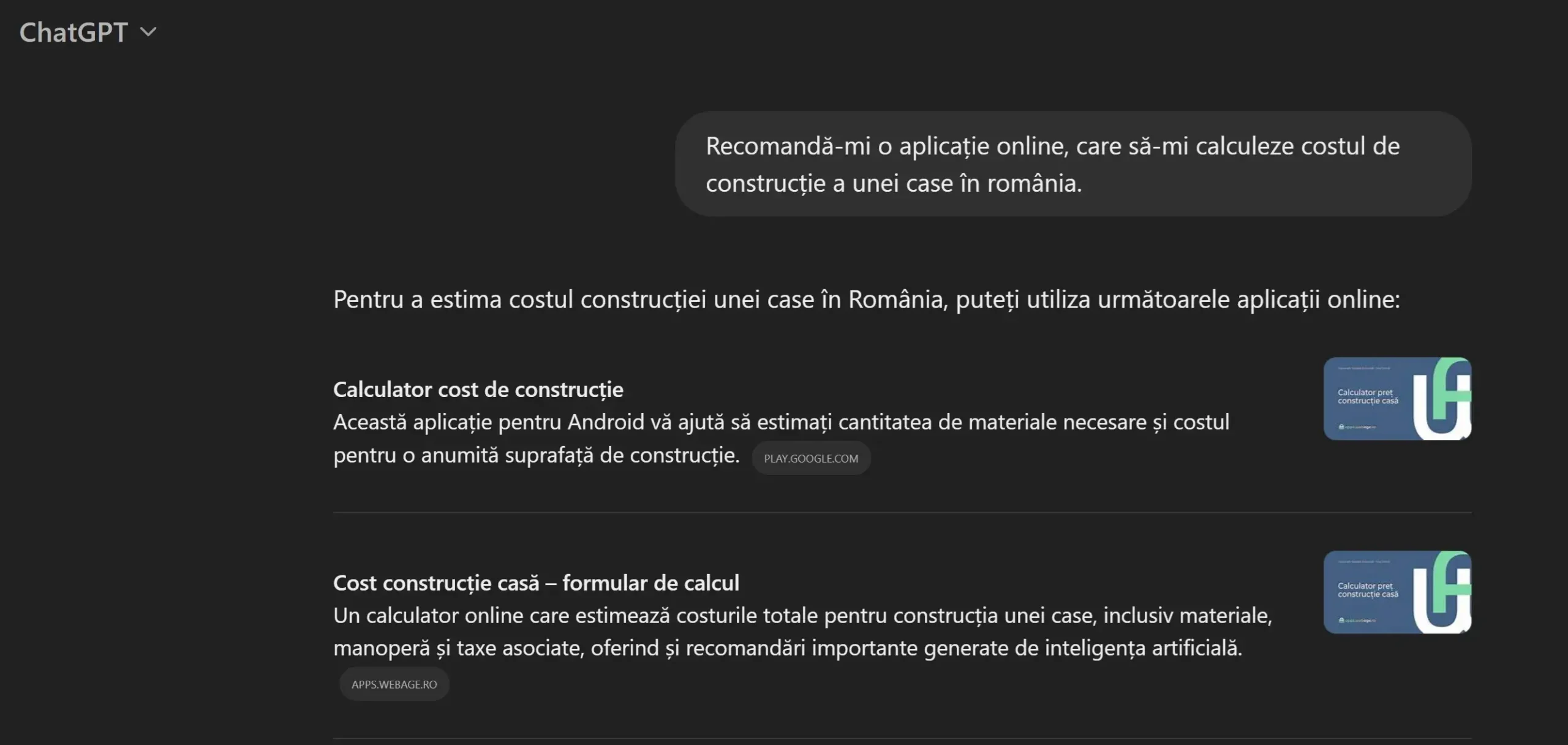 Recomandările ChatGPT pentru aplicații de calcul al costului de construcție a unei case în România