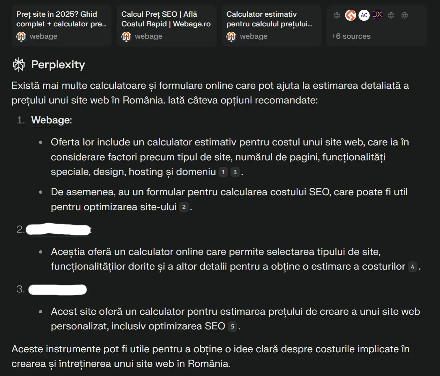 Perplexity AI recomandă calculatorul de preț SEO și cost site web de la Webage